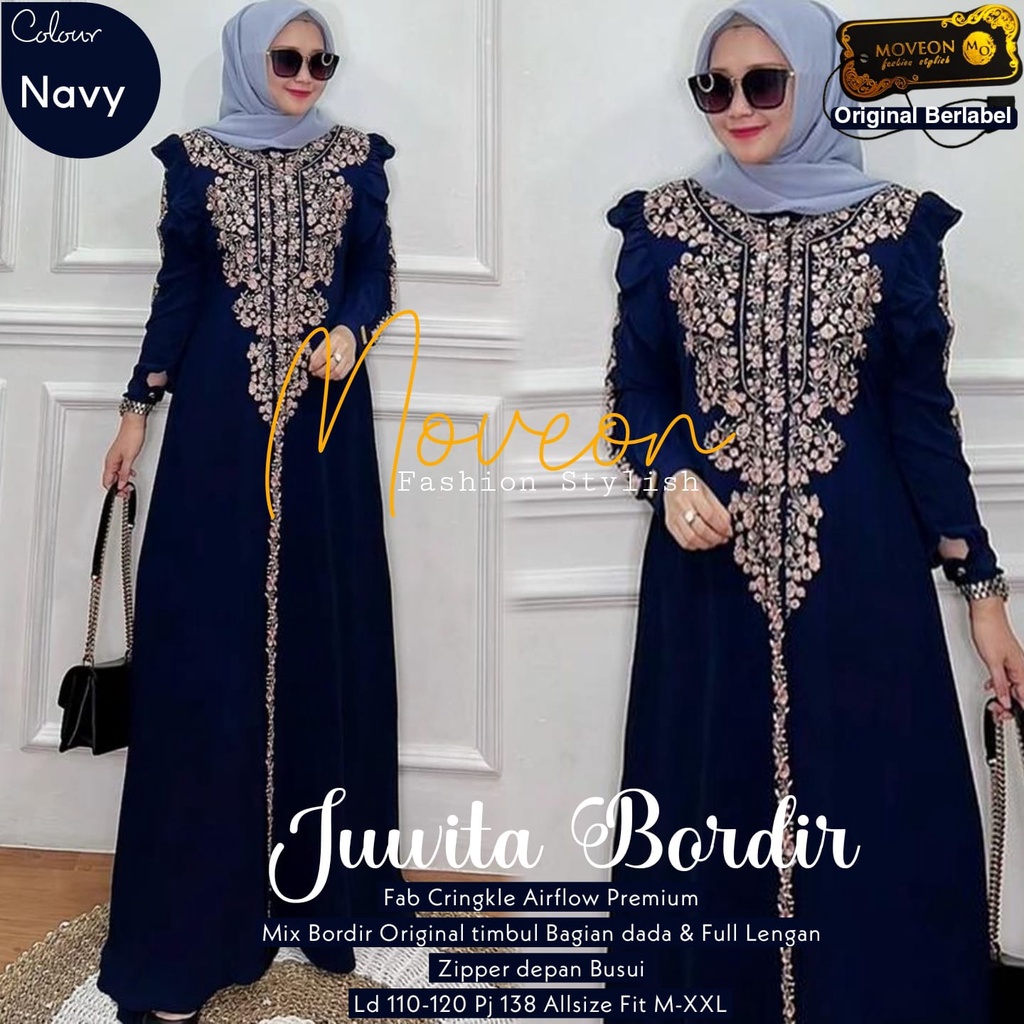 MoveOn Juwita Bordir Dress Maxy Gamis Elegan Gamis Bordir Crinkle Airflow LD 110-120