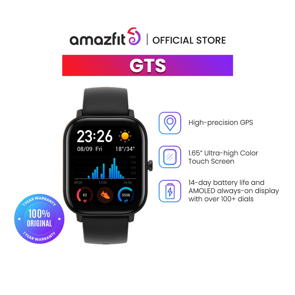Amazfit GTS Fitness Smartwatch 1.65″ AMOLED Always-On display, GPS, Heart rate monitor, jam tangan with Music control, Sleep and Swim Tracking, 14 days battery life, 5 ATM waterproof