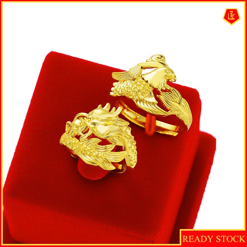 [Ready Stock]3D Golden Dragon and Phoenix Couple Ring Refined Grace