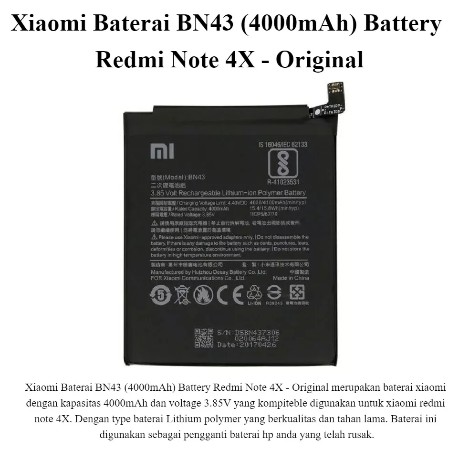 BATRAI XIAOMI REDMI NOTE 4X BN43 ORIGINAL OEM 100% BATRE DOUBLE POWER/IC BATRAI