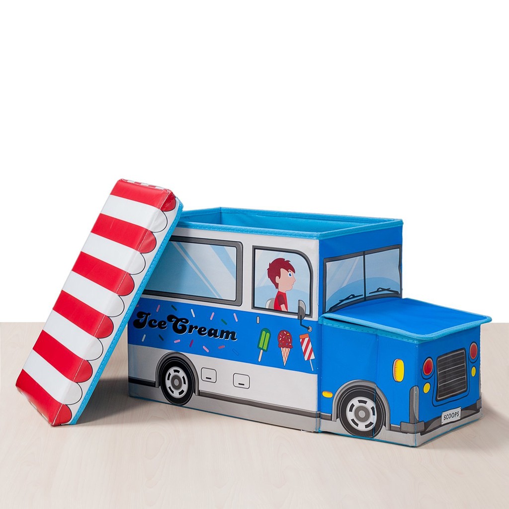 Toy Box Bus Storage Box Car Cartoon Kotak Mainan Organizer Tempat Penyimpanan Mainan Storage Stool Foldable Souven Police Ambulance Bus School Ulang Tahun Anak