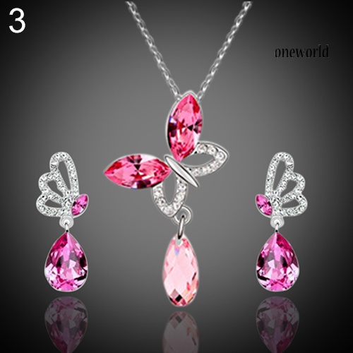 OW@ Women Cocktail Crystal Butterfly Cubic Zirconia Necklace Stud Earrings Jewelry Set