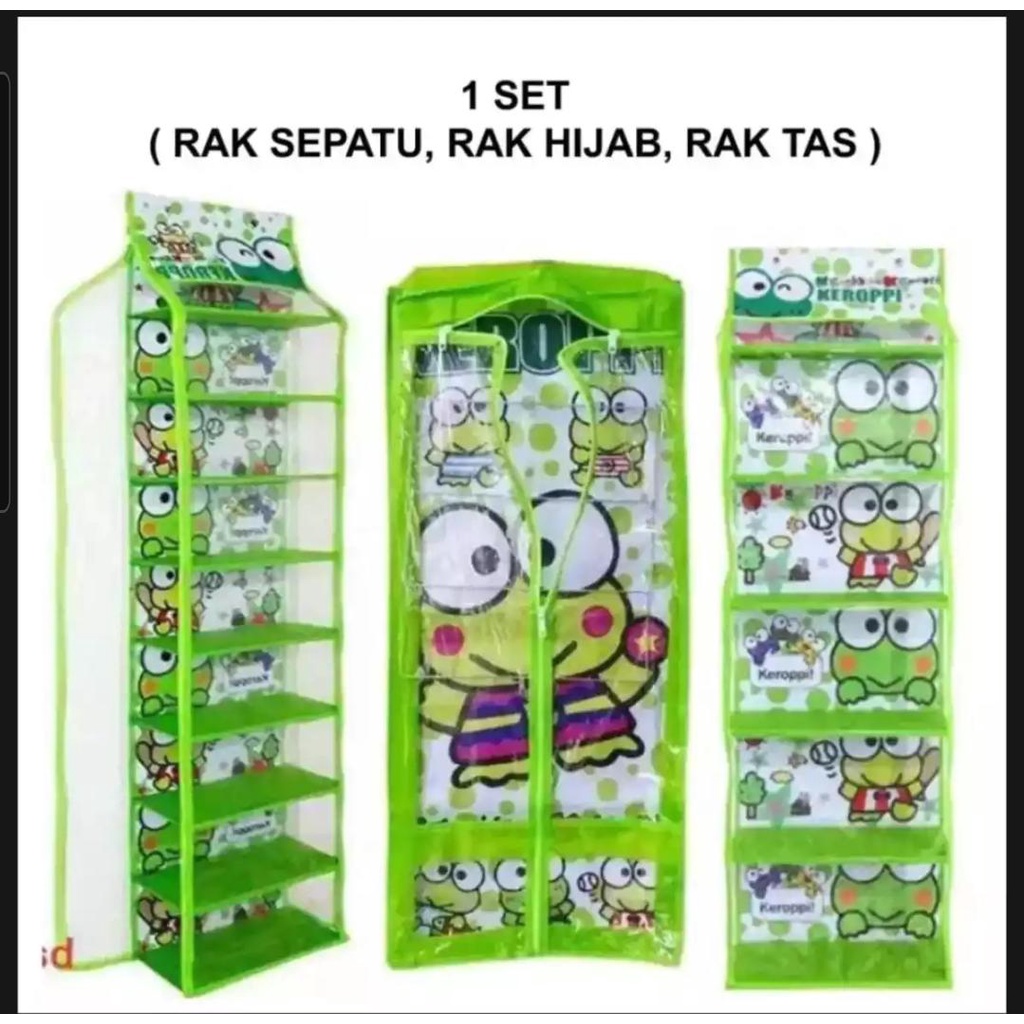 RAK SET 4 IN 1 ( Rak Tas ,Rak Sepatu , Rak Jilbab , Rak kosmetik ) gantung-hijau 3 in 1