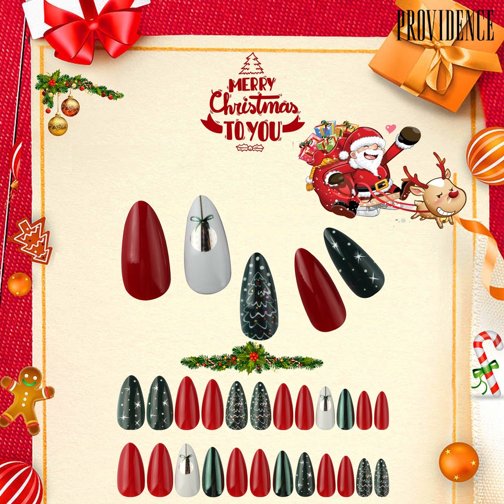 24pcs / Set Kuku Palsu Full Cover Desain Natal Dapat Dilepas Untuk Manicure
