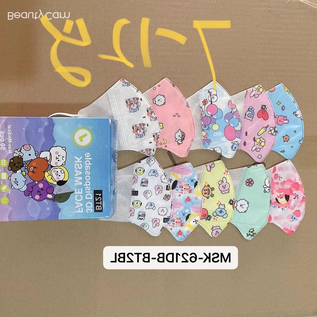 isi 50pcs/Box Masker Duckbill Anak BT21 BTS KOREA FASHION DISPOSABLE Fashion MASK IMPORT