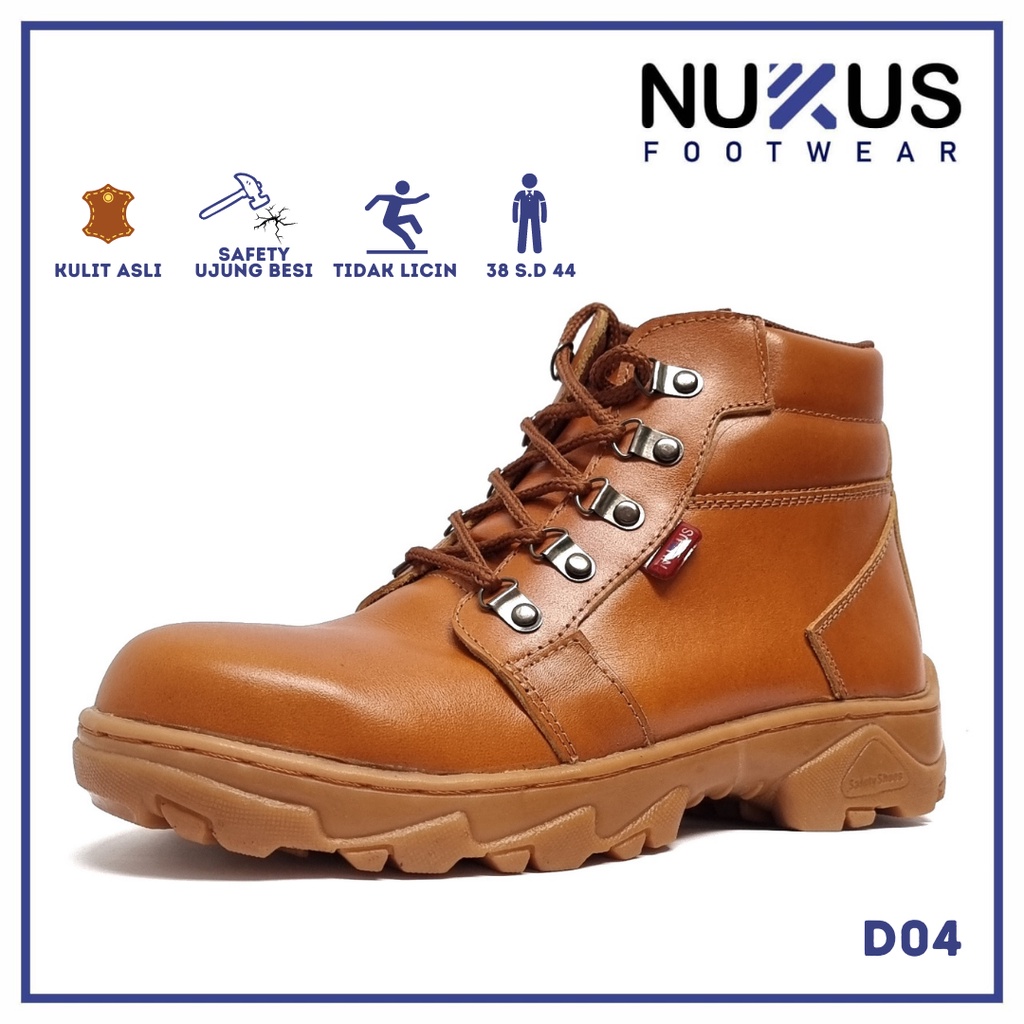 Nukus Sepatu Pria Safety Boots Kulit Sapi Asli Coklat Tan Safety Outdor - D04