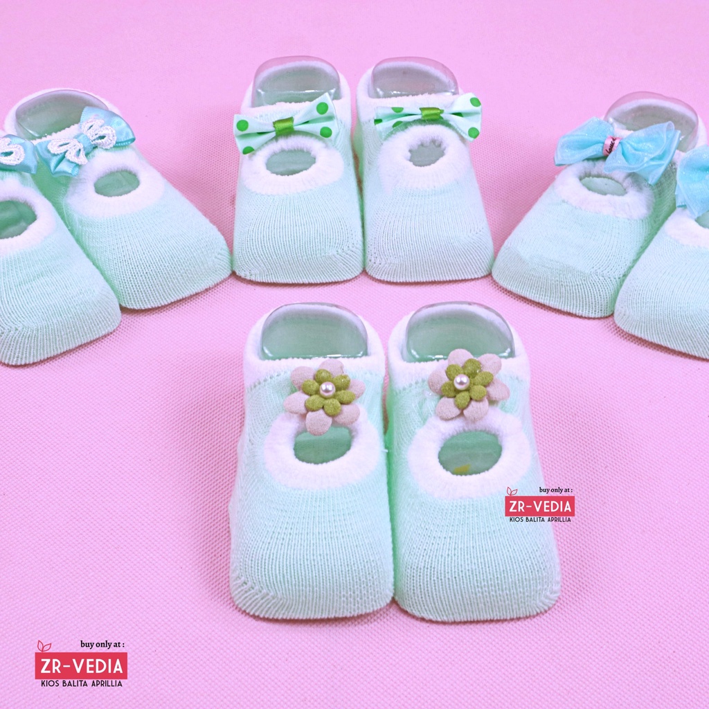 [HIJAU MUDA] Kaos Kaki Pita Renda &amp; Prewalker Socks 3D Bayi / Baby Perempuan Import Anti Slip Murah Polos Stretch Rajut Halus  Kiosbalitaaprillia