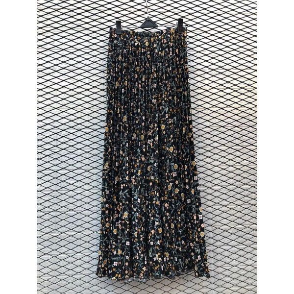 ROK PLISKET BUNGA DAISY / ROK PLISKET PREMIUM / ROK WANITA-Folwy hitam