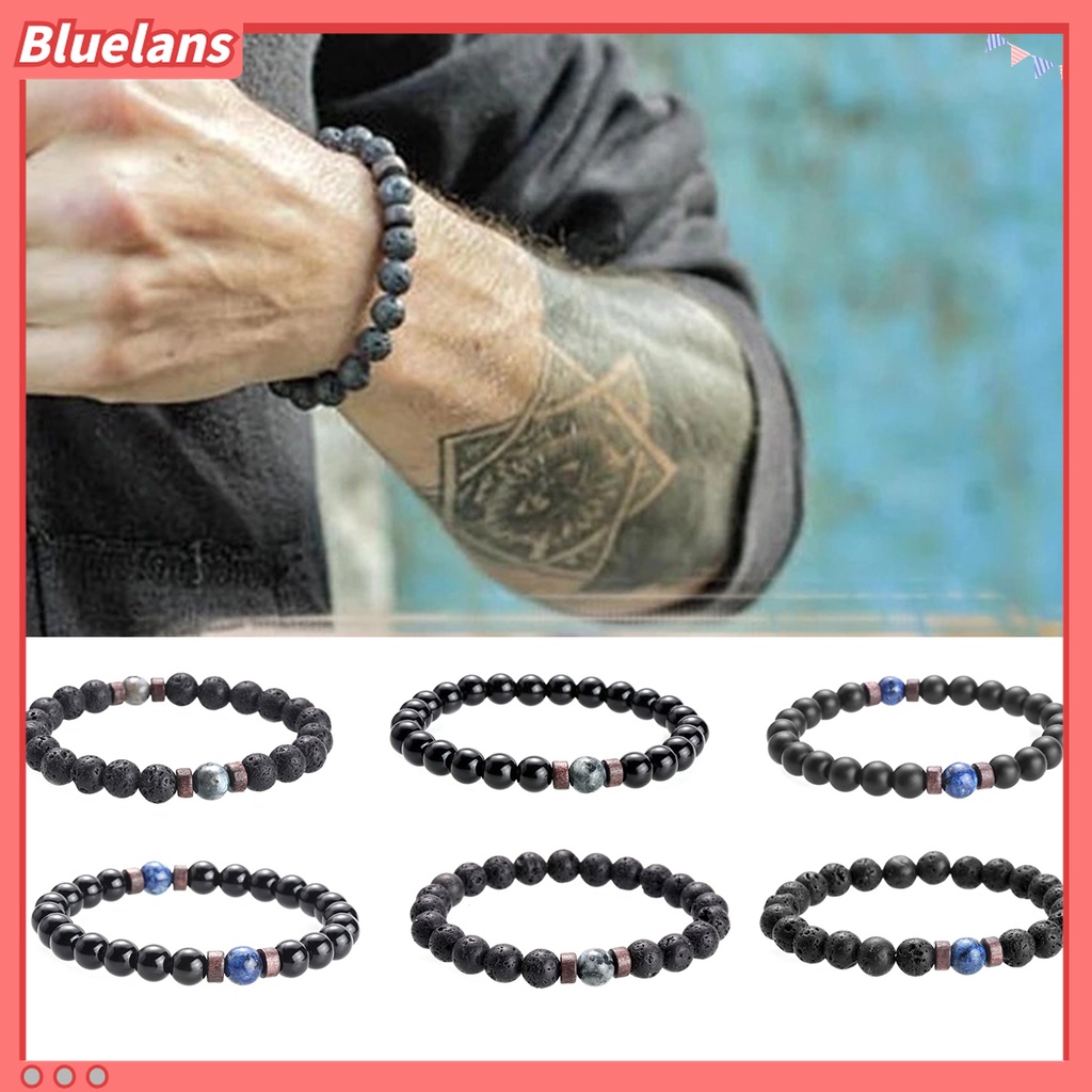 Gelang Tali Elastis Hias Manik-Manik Batu Vulkanik Unik Untuk Pria