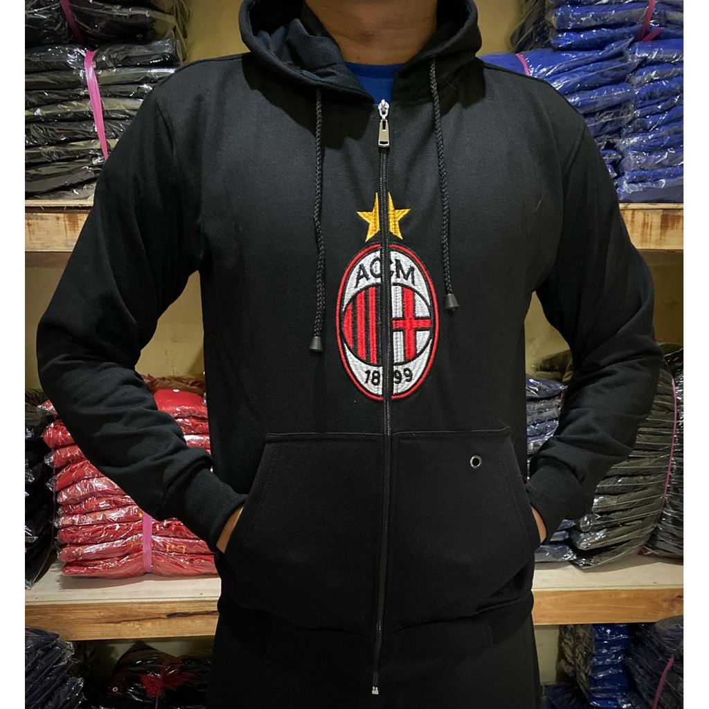 Jaket Outwear Sweater Hoodie Zipper Bola Milan Kerja Kantor Jumbo Big Size Besar XXL