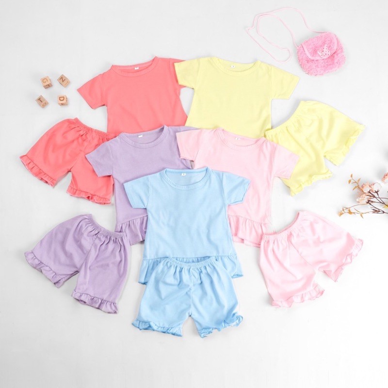 DK Setelan Baju RUFFLE Set POLOS Pendek Anak Perempuan SIMPLE &amp; MURAH GRUP 1