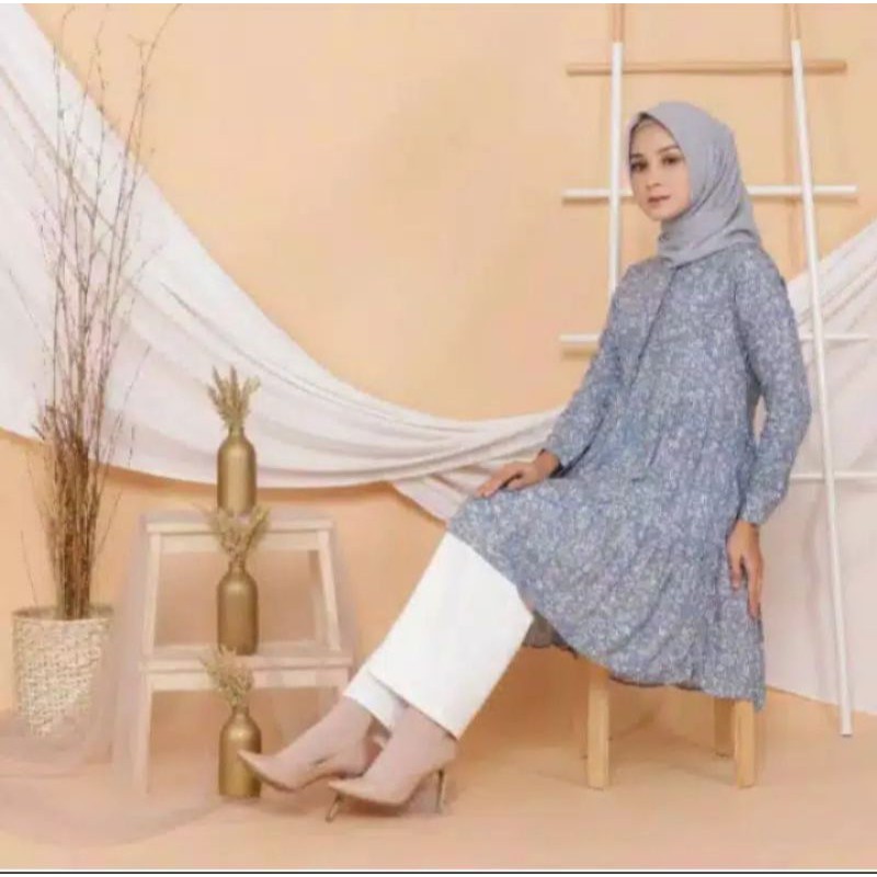 Free hijab  Atasan ruffle / tunik susun / blouse / long tunik / rayon viscose / midi