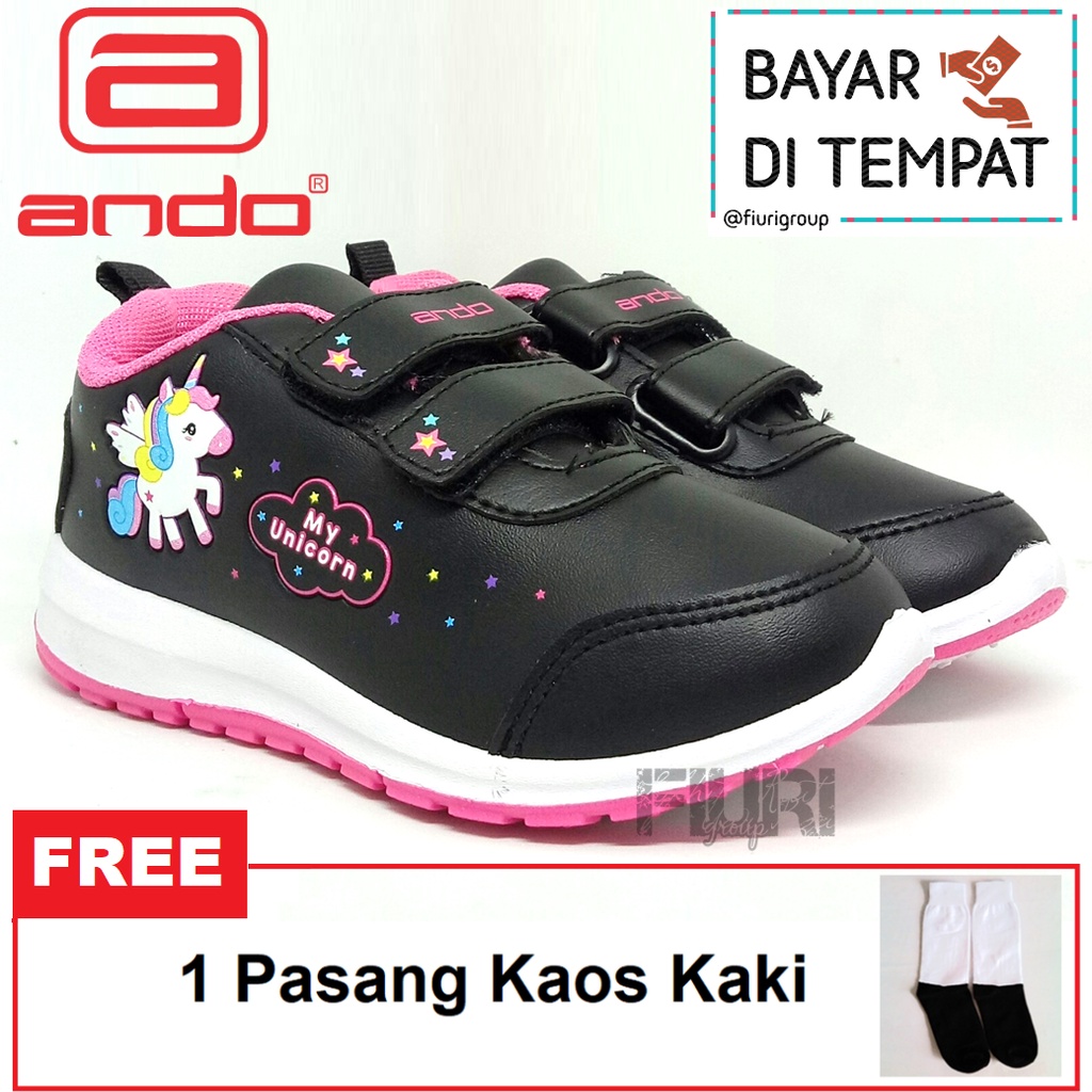 FIURI - ANDO ORIGINAL -  MINICORN PEREKAT 29-32 HITAM PINK - SEPATU SNEAKERS KANVAS SOL KARET ANAK KECIL PEREMPUAN  - SEPATU KUDA UNICORN KETS LUCU FASHION TRENDY - SEPATU SEKOLAH PAUD TK KRETEKAN PEREKAT CEWEK MURAH PROMO DISKON BONUS KAOS KAKI