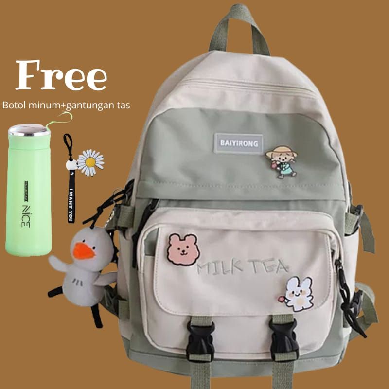 GTB TAS RANSEL WANITA TERBARU MODEL KOREA KANVAS BACK TO SCHOOL TAS WANITA MILK TEA  INCLUDE / BROS Tas Kekinian Tas Casual