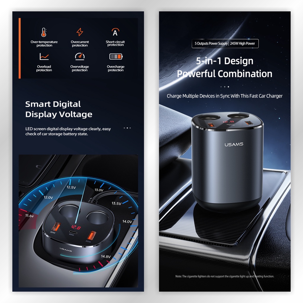 USAMS C28 Charger Mobil Fast Car Charge 245W Digital Display 5in1
