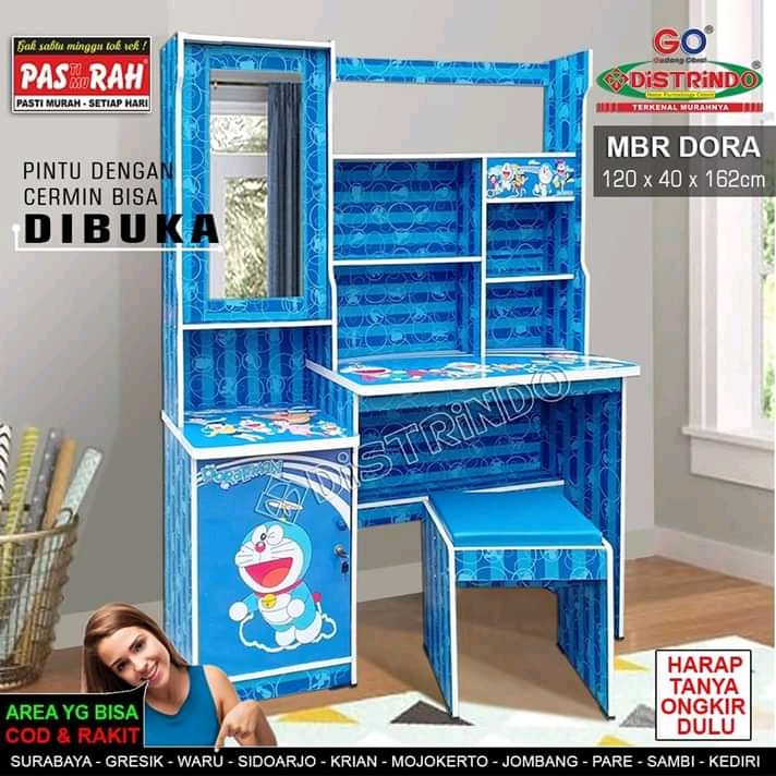 Meja Belajar + Rias Doraemon ada Rak dibelakang Cermin + Kursi Bahan Tebal Tinggi 162cm