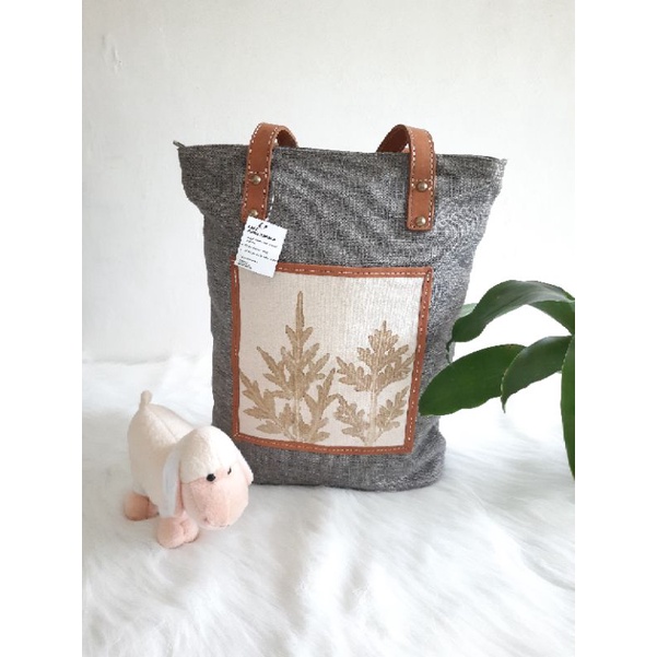 Tas tote bag canvas ecoprint kombinasi kulit asli no brand baru