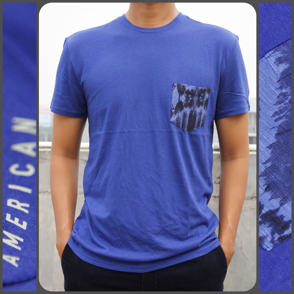 Kaos Pria Lengan Pendek American Eagle Cotton Stretch/Katun Strait Black &amp; Blue Original 100%