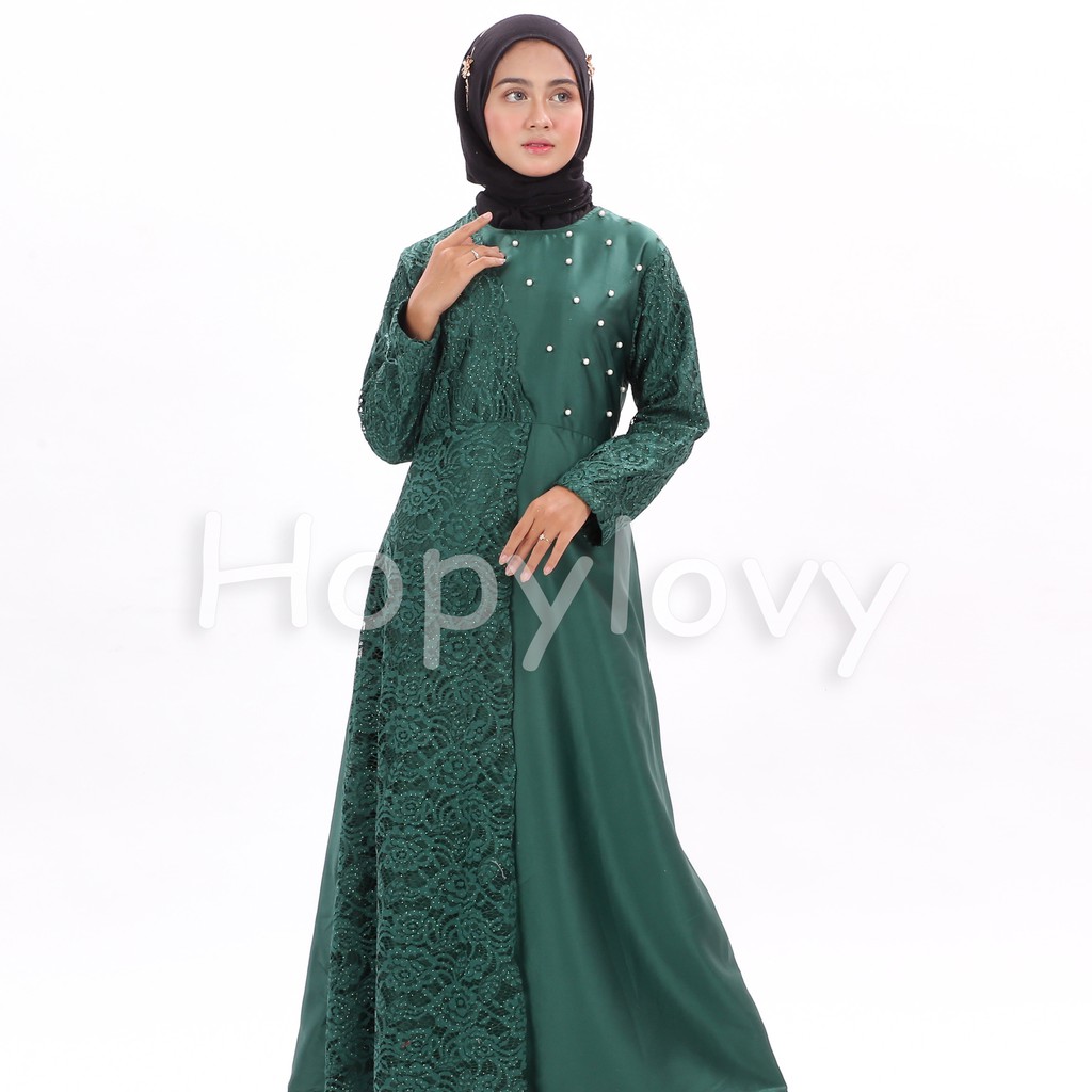 HOPYLOVY - Gamis Wanita Maxi Carissa Velvet Kombi Brukat Corneli Mutiara Tabur