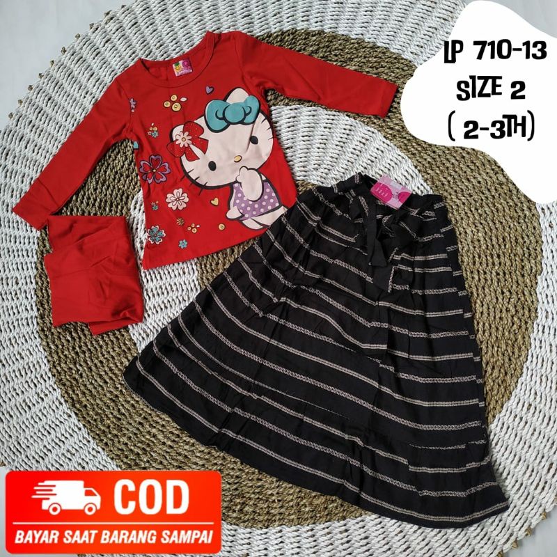 LITTLE PINEAPPLE BAJU MUSLIM BRANDED ANAK CEWEK BAHAN KATUN IMPORT SETELAN ROK SATU SET DENGAN JILBA