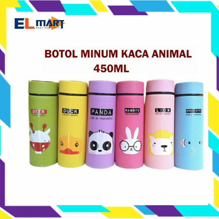 Botol Minum Kaca BTL03 Animal 450ml Murah Termos Anak Karakter Lucu