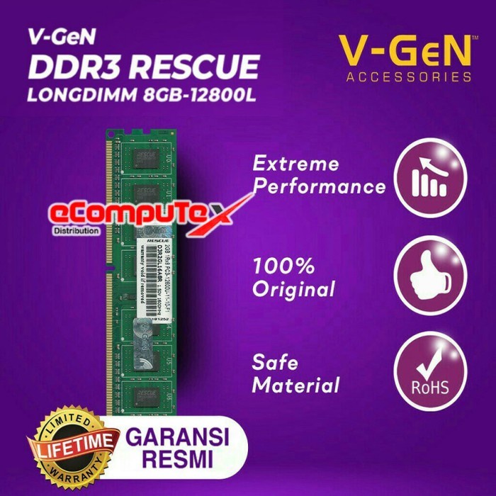 RAM V-GEN DDR3 RESCUE LONGDIMM 8GB 12800L / 1600MHZ MEMORY RAM PC 8 GB GARANSI RESMI