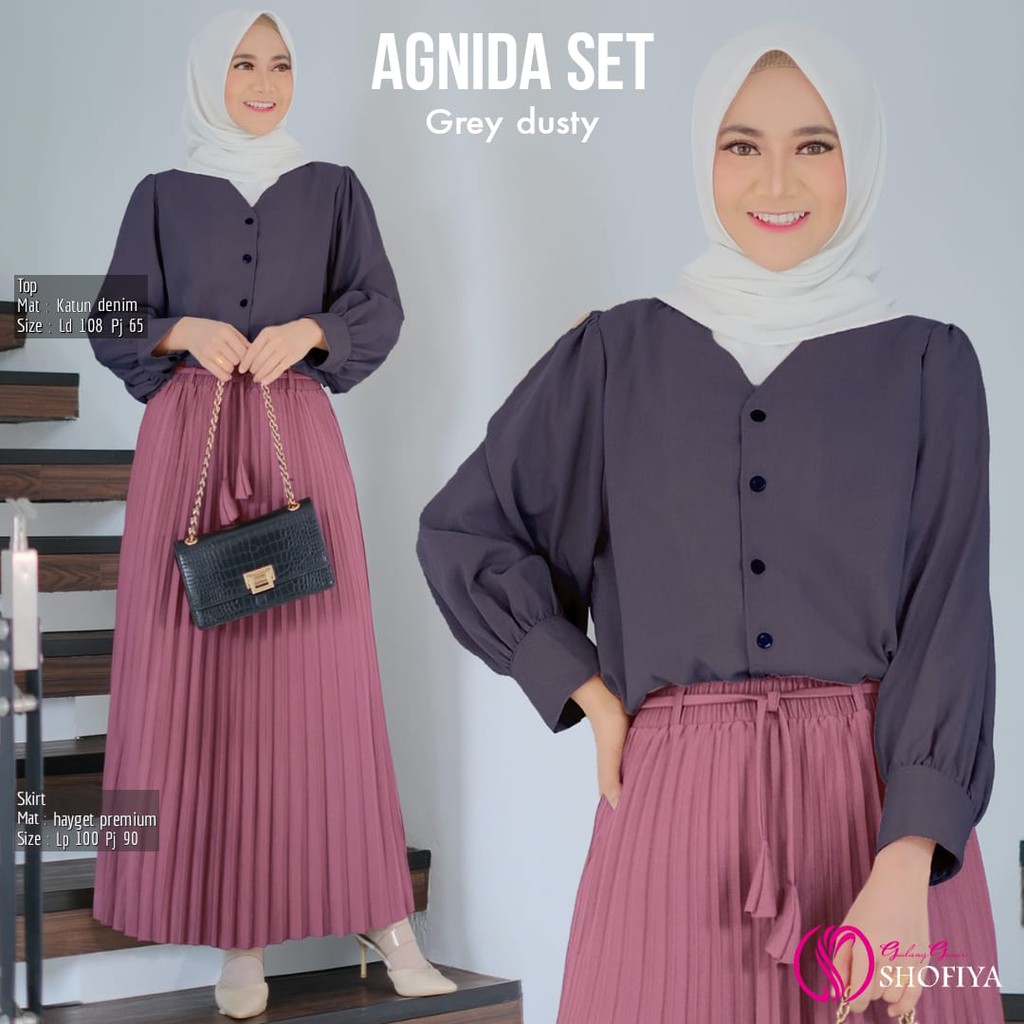 SETELAN WANITA AGNIDA SET  2 IN 1 / SETELAH TUNIK DAN ROK PLISKET ORI SHOFIYA