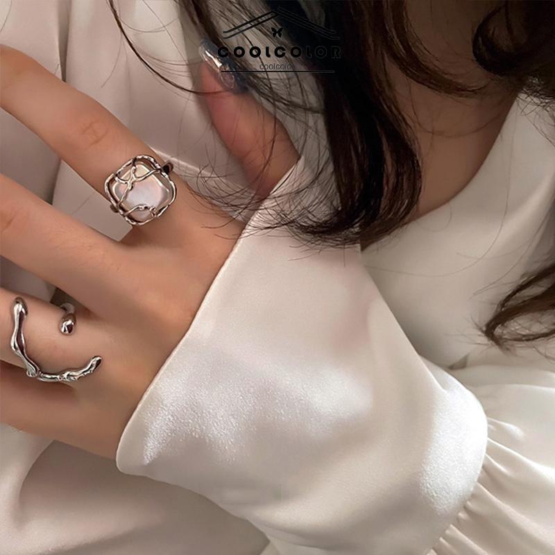 COD❤️2PCS/Set Cincin Kreatif Sederhana Temperamen Pembukaan Mutiara Tidak Teratur Cincin Dapat Disesuaikan korea fashion wanita