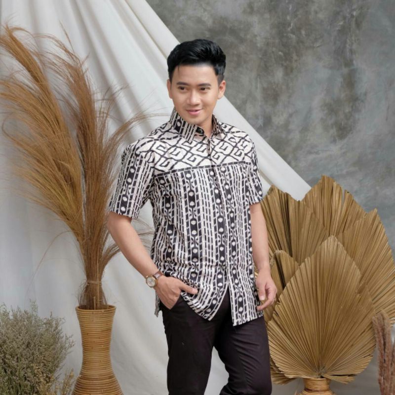 BSWART Batik HRB026 Kenongo Hem Pendek Padi Pekalongan M L XL Batik Pria MURAH Modern Grosir-Songket etnic.