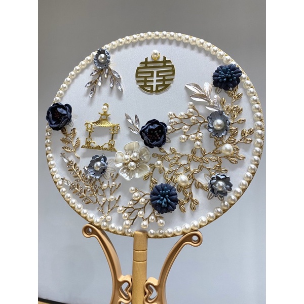 [RENT/SEWA] Kipas Sangjit Biru/ Blue Oriental Fan untuk Lamaran/ Kipas Dekoratif Sutra (Bunga) - FBL