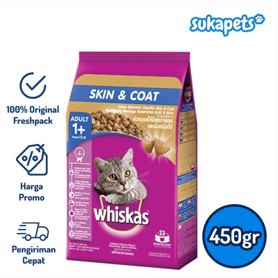 Whiskas Adult Cat Skin &amp; Coat Makanan Kucing Kering 450gr