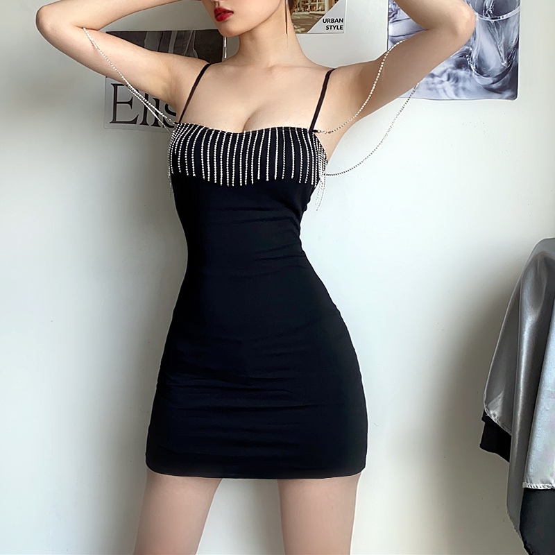 【AMY J】Sexy V-neck Low-cut Beaded Tassel Strap Hip Package Dress 7397