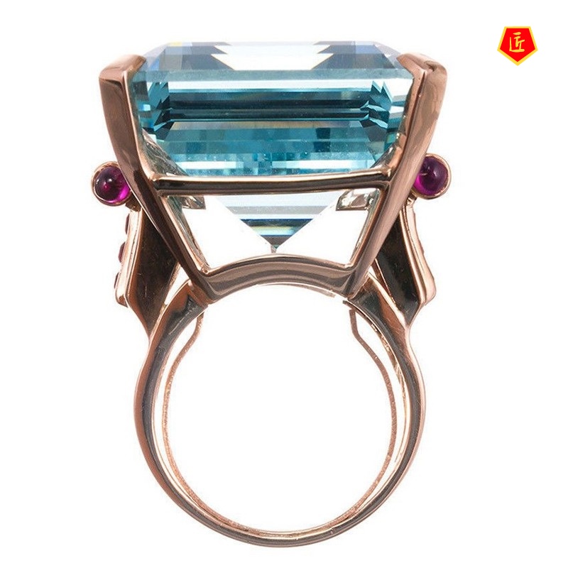 [Ready Stock]Inlaid Sea Blue Topaz Square Diamond Ring Rose Gold Elegant Fashion