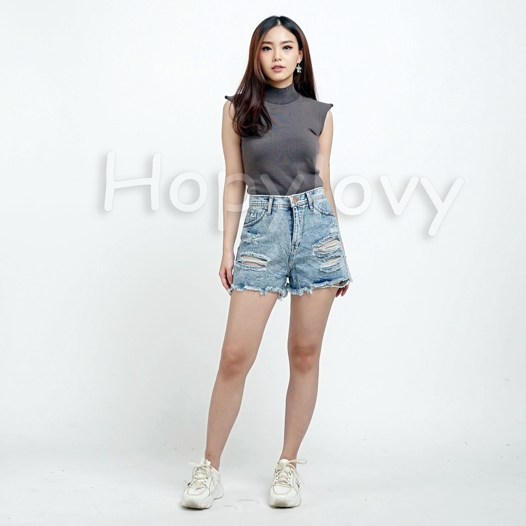 Celana Hot Pants Wanita | Celana Pendek Jeans Sobek Wanita | Hotpants High Waist Jeans Ripped Rawis Melisa