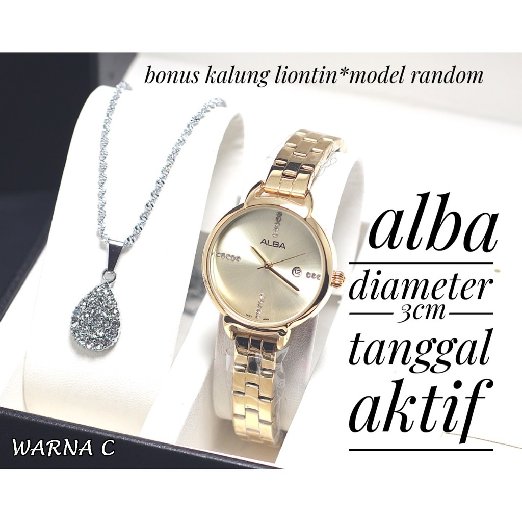 JAM TANGAN WANITA ALBA RANTAI RANTAI BODY BULAT TANGGAL AKTIF FREE KALUNG