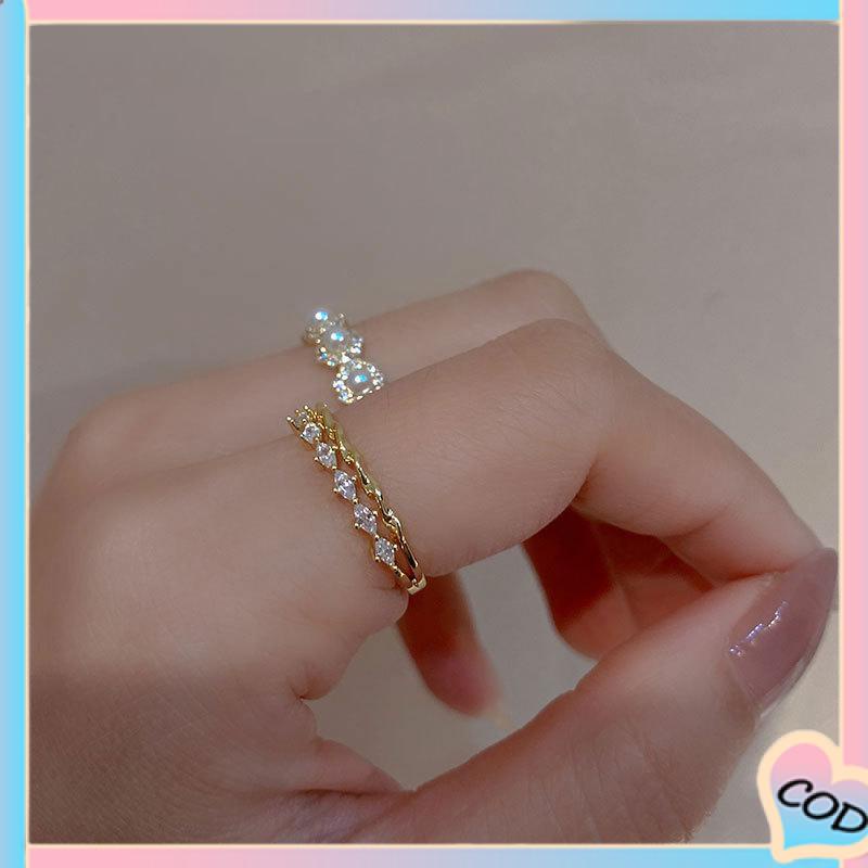 COD❤️Double-layer Retro Pearl Diamond Ring Niche Light Desain Mewah Cincin Dapat Disesuaikan Terbuka-A.one