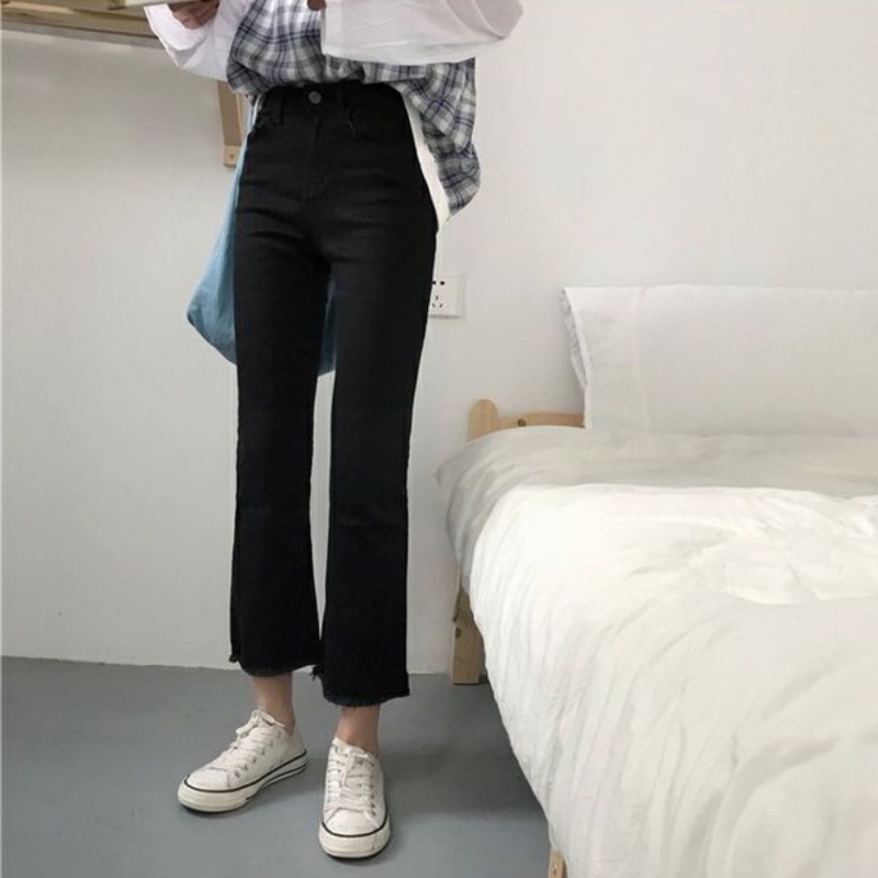 yikoo-Celana Panjang Hitam Korea Jeans Flare Wanita