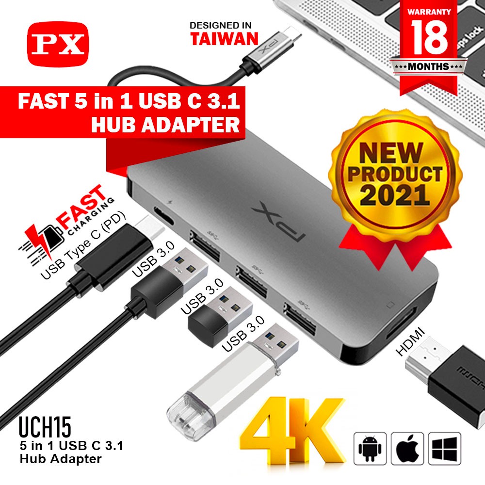 Converter Hub Adapter 5 in 1 4K USB Type C 3.1 USB HDMI PX UCH15