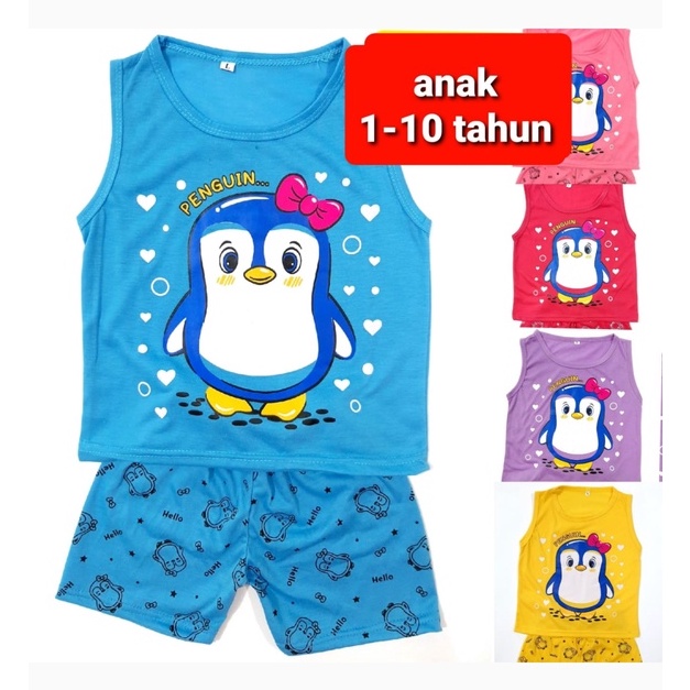 setelan singlet anak perempuan celana pendek 1-10 thn pakaian kaos cewek S M L XL hello pinguin grosir