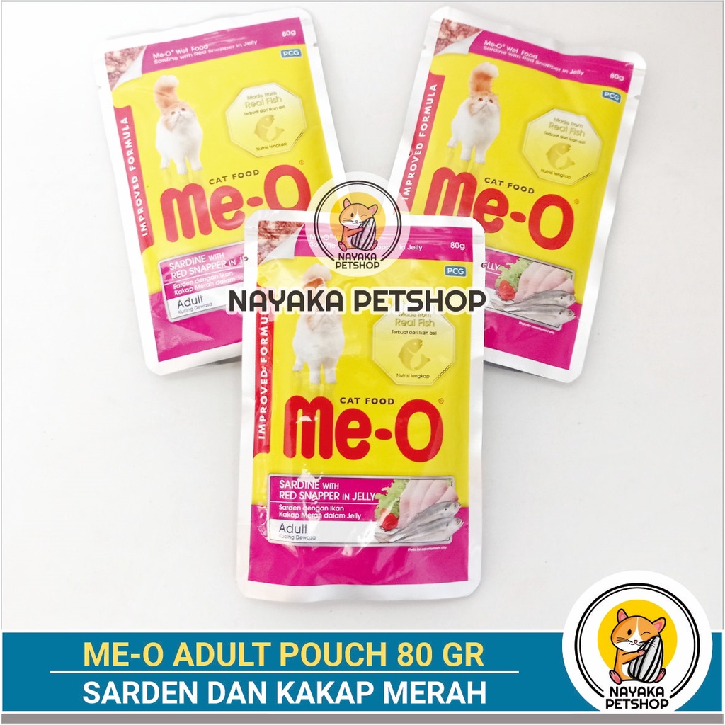 Meo Pouch 80 gr Ikan Sarden Kakap Merah Makanan Basah Adult Cat Kucing Dewasa Pakan Sardine Red Snapper Wet Food