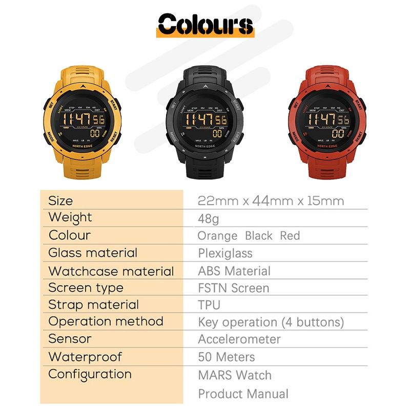 NORTH EDGE MARS Original Sport Watch WATERPROOF 50M Outdoor Smartwatch Jam
