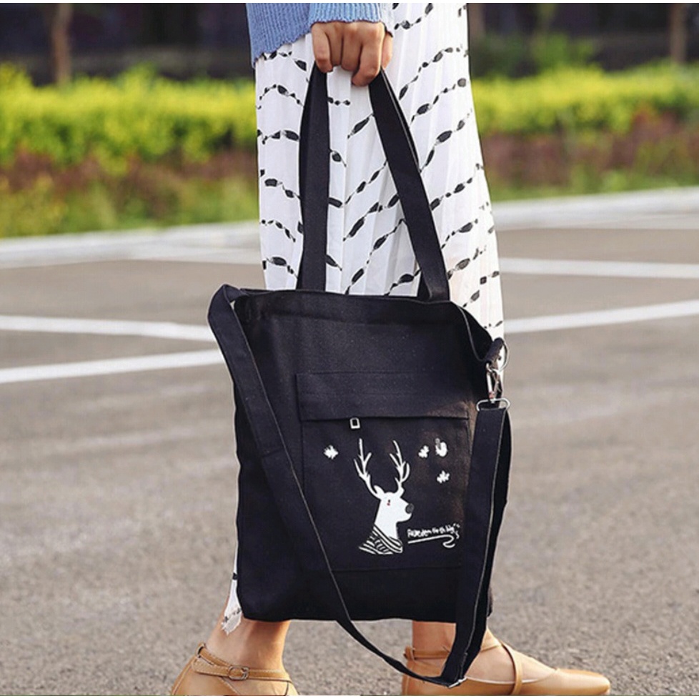 Twenty Bag - Tas Tote Bag Wanita Resleting Terbaru 2022 Aesthetic Kekinian Motif Carakter DEER SNOW Korea Style Multifungsi