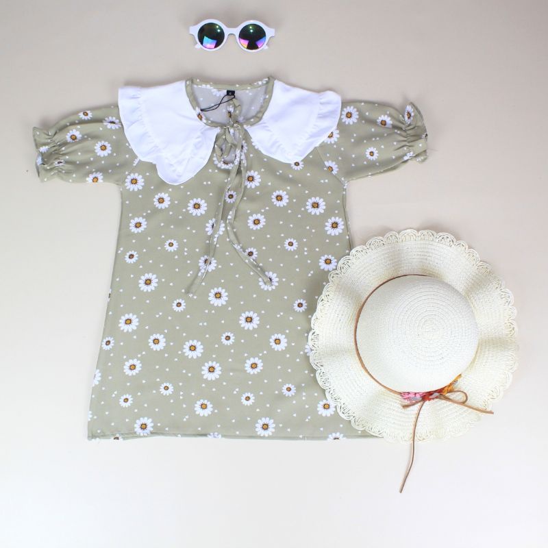 DAISY DRESS - Baju Setelan bunga motif kekinian Anak Bayi Baby Kids Cewek Perempuan syakila Lucu Murah 1 2 3 4-Matcha