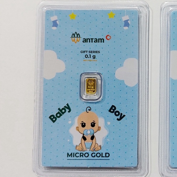 KADO LAHIRAN BAYI LAKI-LAKI BIRU EMAS 0.1 GRAM ANTAM GAMBAR DOT EMPENG MPENG LOGAM MULIA 0,1 GR NEW 