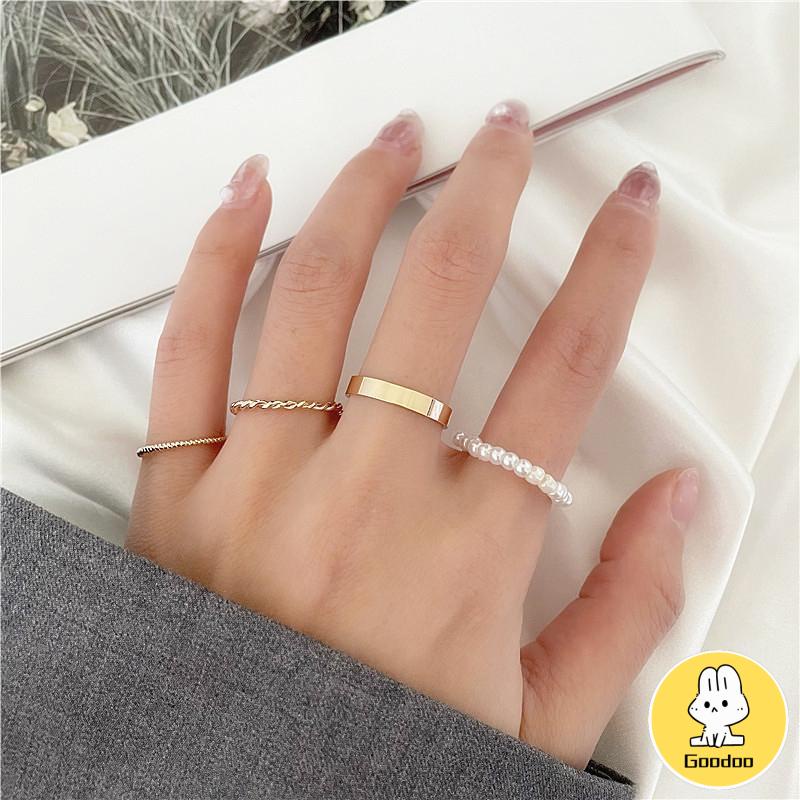 Korea Wanita Mutiara Cincin Wanita Emas Cincin Logam Set Fashion Perhiasan Aksesoris -Doo