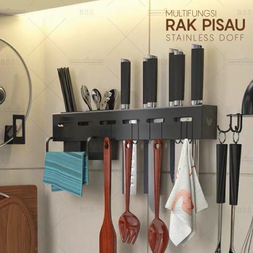 Rak Pisau Stainless Hitam Doff Gantung Lap Kait Sutil Tempat Wadah Sendok Garpu Sumpit Murah Praktis