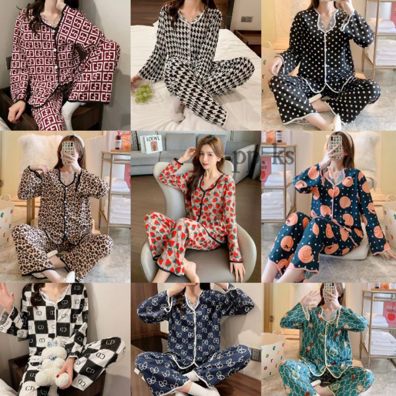 SETELAN ONE SET PIYAMA BAJU TIDUR PP WANITA DEWASA IMPORT PREMIUM BAHAN KAOS LENGAN CELANA PANJANG B