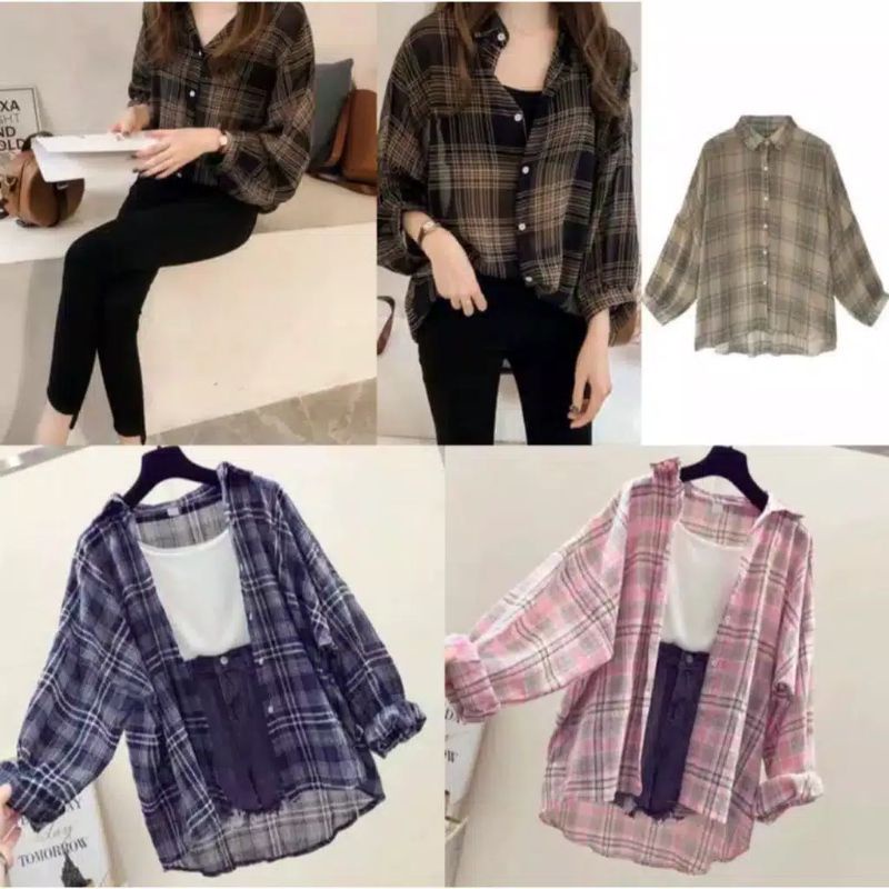 KEMEJA CROP OVERSIZE MOTIF FLANEL ATASAN WANITA NUMMA KIMBERLY GUILEN SHIRT KOREAN STYLE BAHAN WOLFIS - ALLSIZE FIT XL