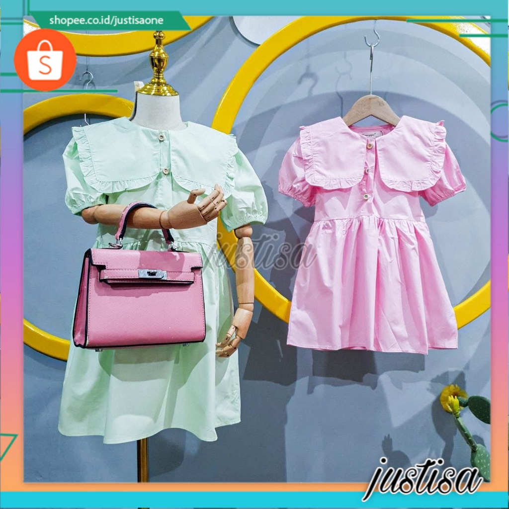 Promo !! Dress Elegant  anak perempuan Import - Pakaian anak perempuan - Dress big collar button uk 1-4th