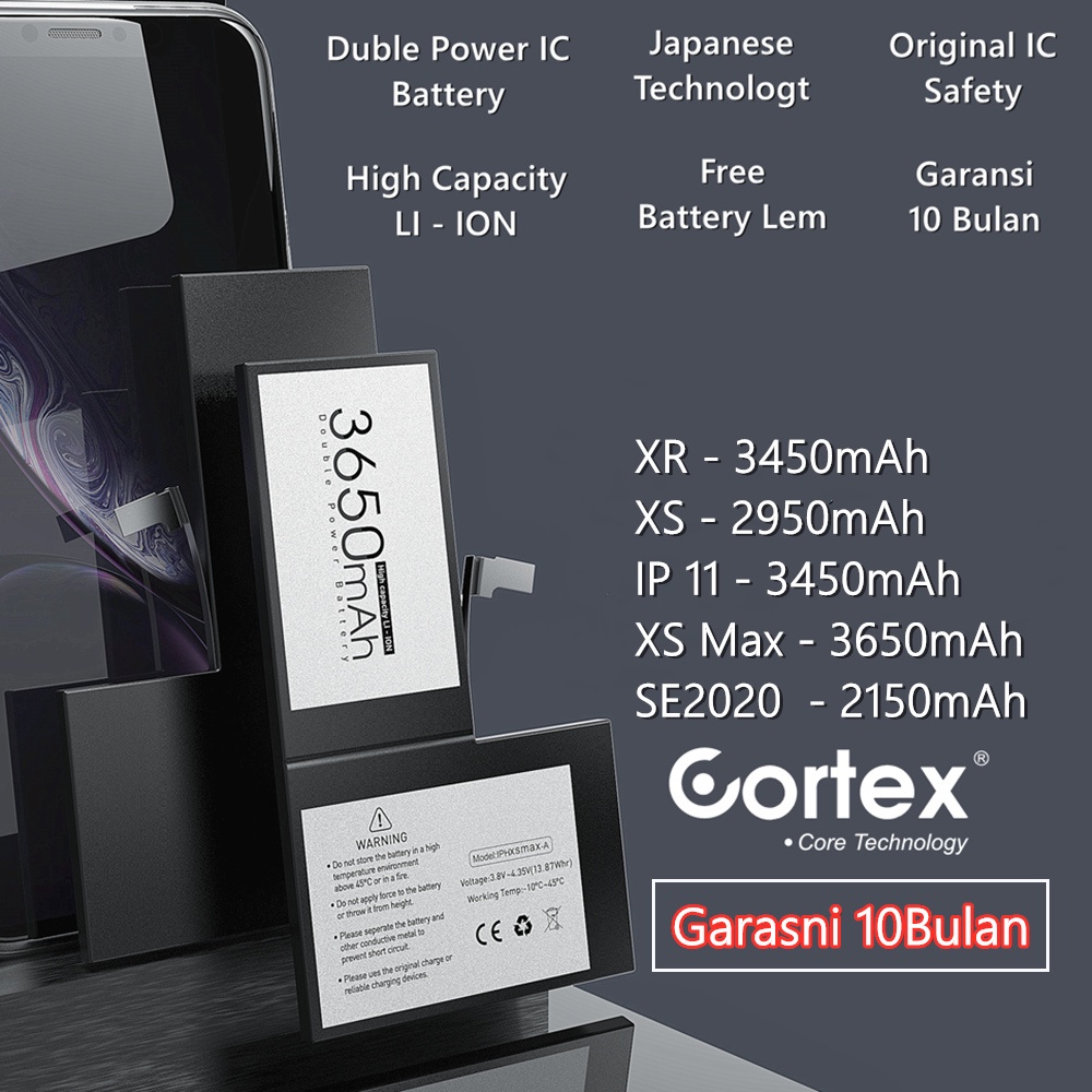 Cortex  - Double Power Baterai - Battery High Capacity - Batre  - Batrai XR/XS/XSMAX/SE2020/11/11Pro/11ProMax/12Mini/12/12Pro/12Promax